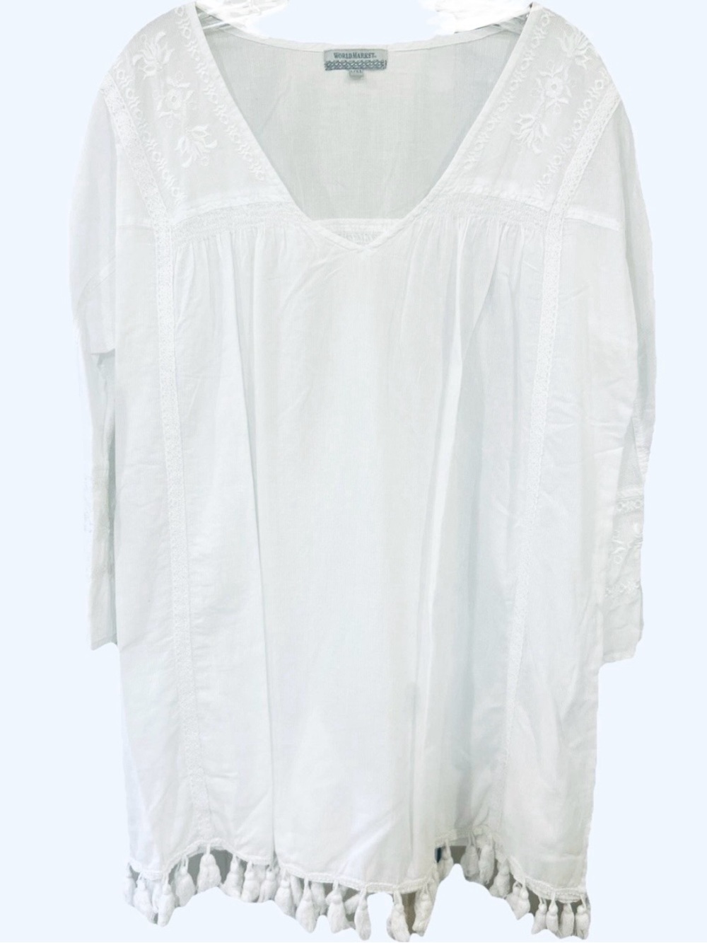Cost Plus World Market White Embroidered Tassel Tunic L/XL Boho